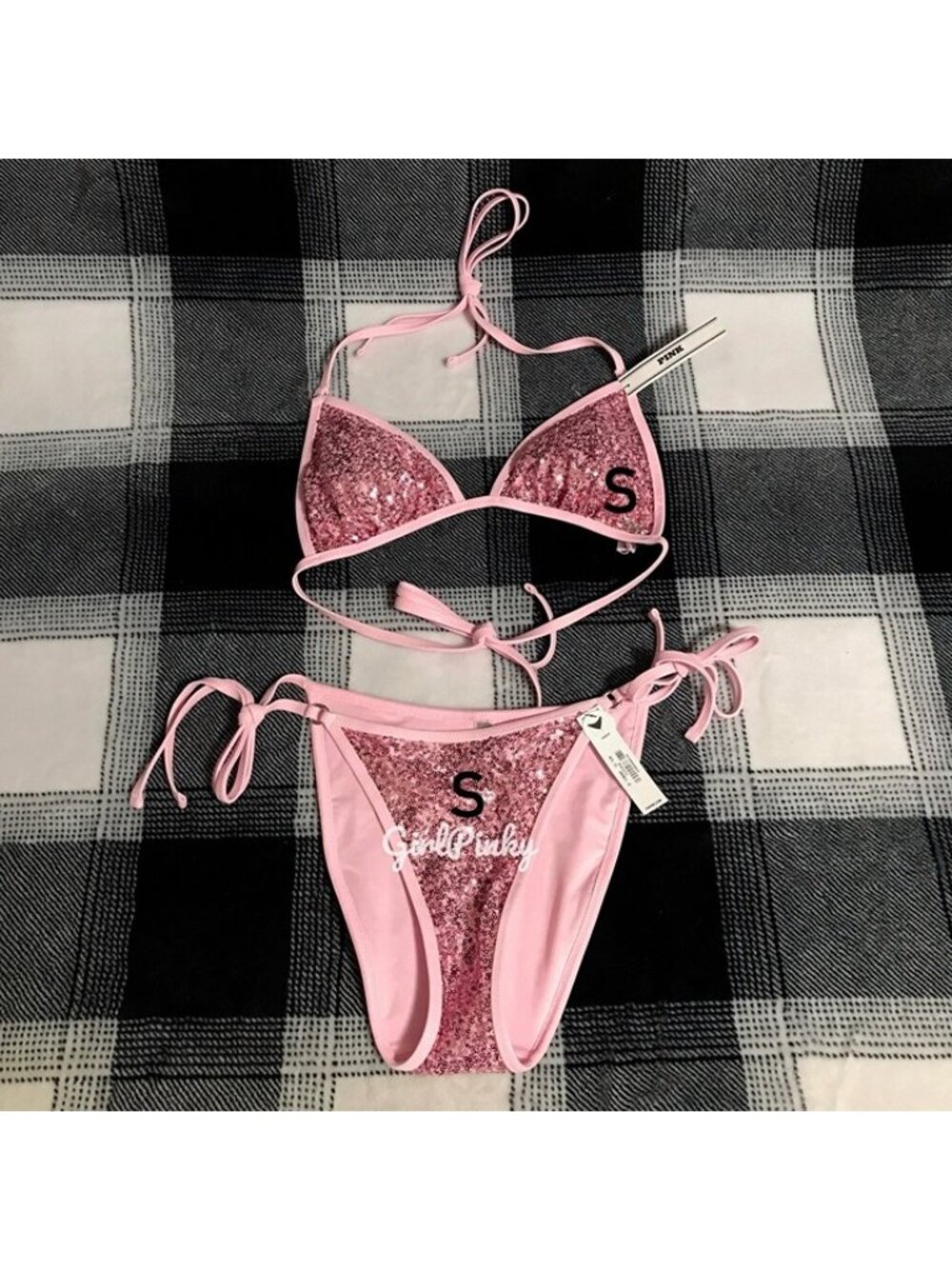 VS PINK 2 PIECE SEQUINS IN BOARDWALK PINK STRING BIKINI SWIMSUIT IN SIZE SMALL